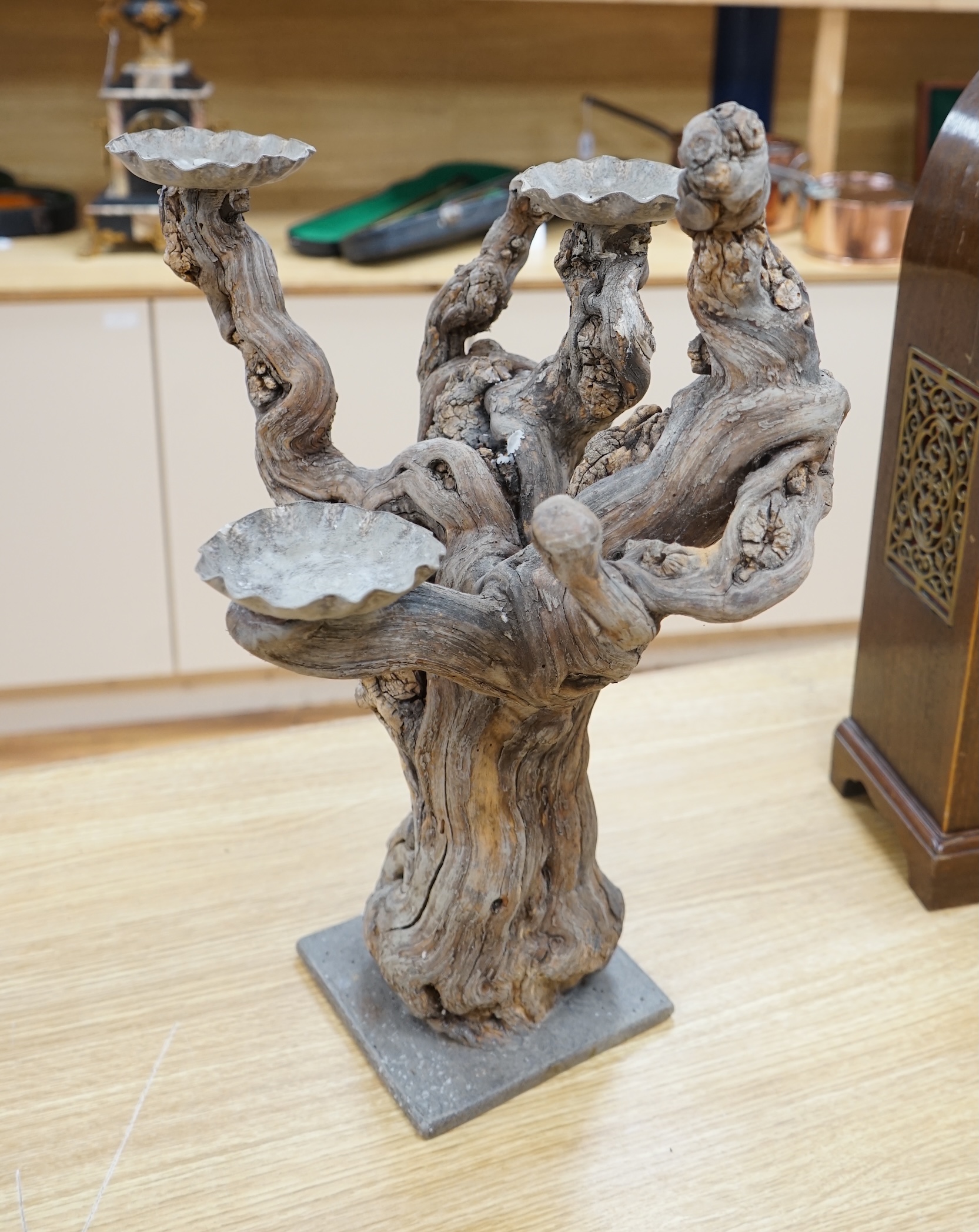 A piece of drift wood, mounted as a three light candelabrum, 52cm high. Condition - fair